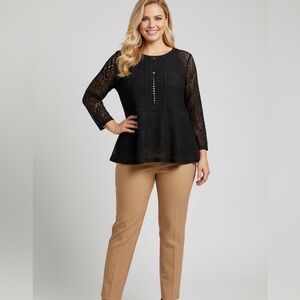 Elegant Black lined Lace Top with peplum and sheer panel inserts.